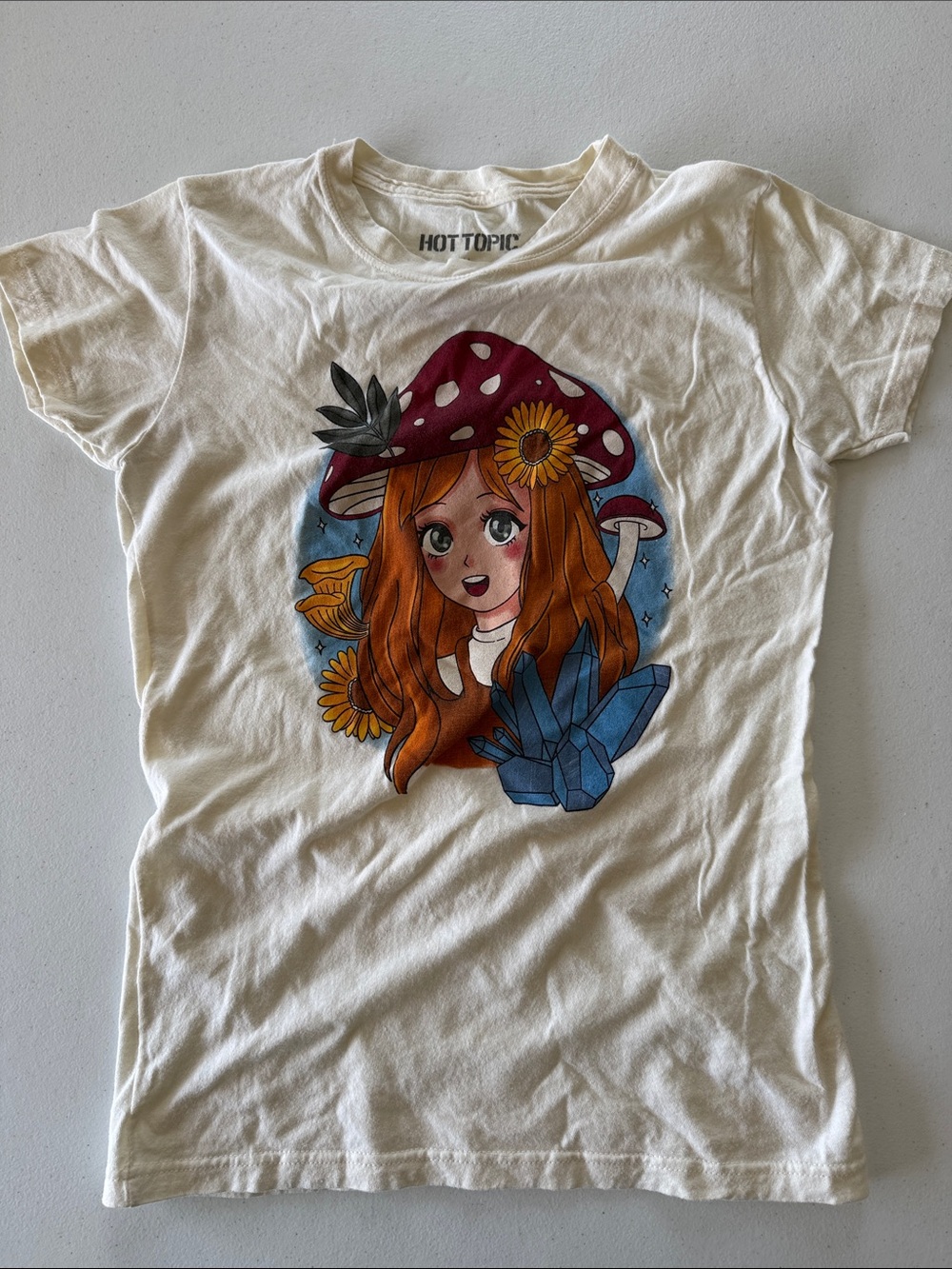 Hot Topic Cream Tee with Red Mushroom & Blue Crystal Graphic
